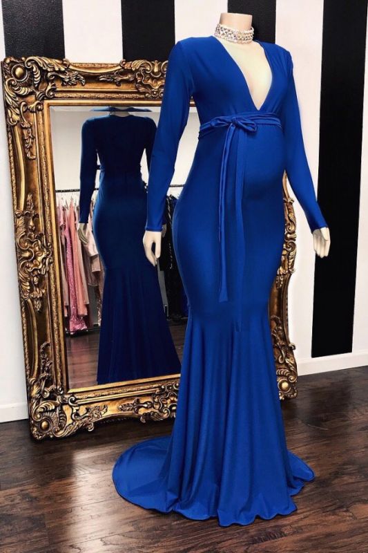 Elegant Long Sleeve Royal Blue Floor Length Baby Shower Prom Dresses