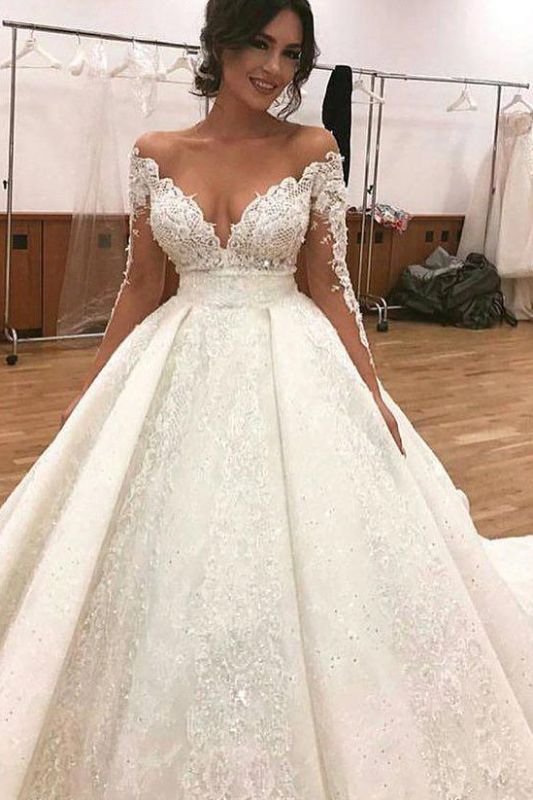Sexy Bridal A-line Deep V-Neck Lace Appliques Ball Gown Wedding Dresses