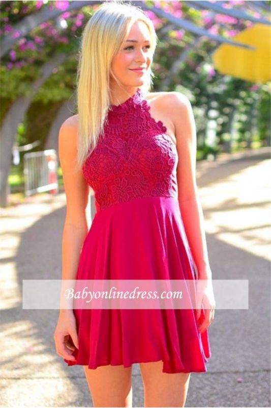 Mini A-Line Cheap Simple Halter Lace Homecoming Dress