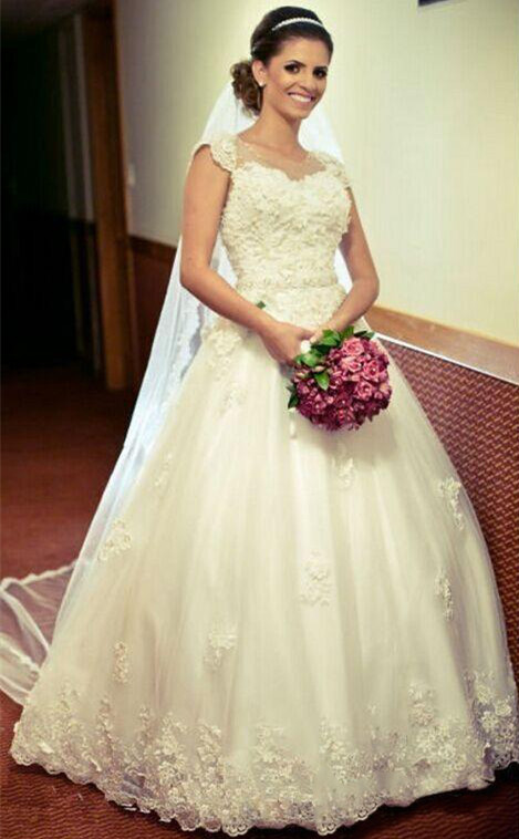 Princess Tulle Appliques Ball Cap-Sleeve Lace Gown Jewel Wedding Dress with Crystal-Belt