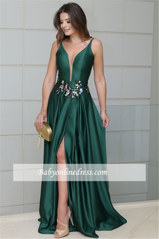 Glamorous Sleeveless Dark Green Spaghetti Strap Evening Dresses | Front Split  Appliques Long Prom Gowns