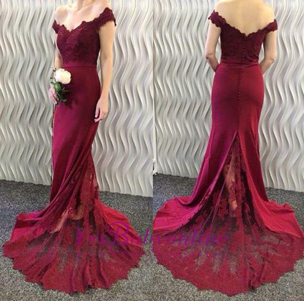 2021 Burgundy Lace Appliques Long Off-the-Shoulder Mermaid Prom Dresses LY86