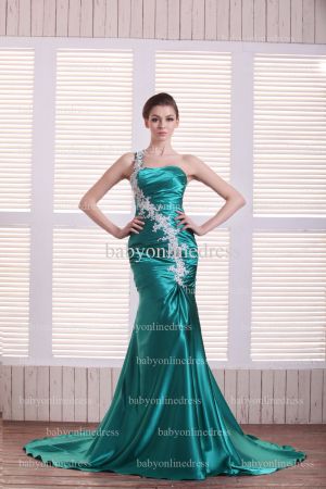 Wholesale Glamorous Evening Dresses Green Online 2021 Appliques Satin Long Gowns For Sale BO0728a