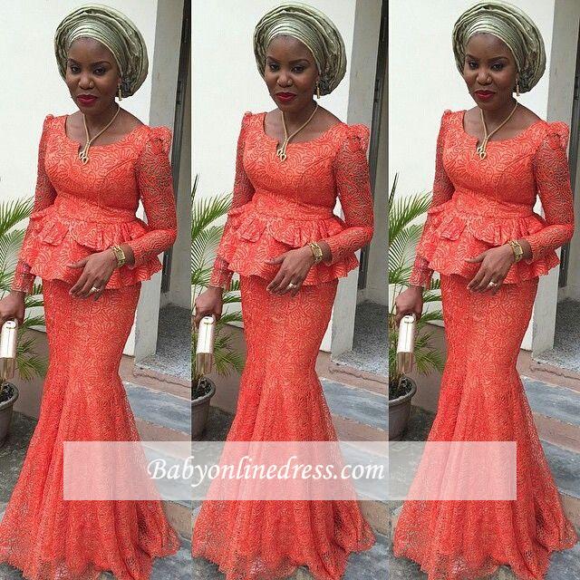 Lace Long-Sleeves Nigerian Floor-length Mermaid Evening Dress