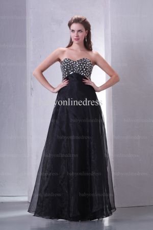 Elegant Prom Dresses 2021 Sweetheart Crystal Black Empire Waist Chiffon Floor Length Affordable  Dress BO0600