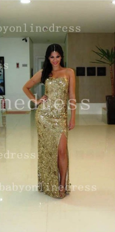 Long Dress Party Gold Prom Dresses Strapless Crystals Sequined A-line Side Slit Party Pageant Gowns