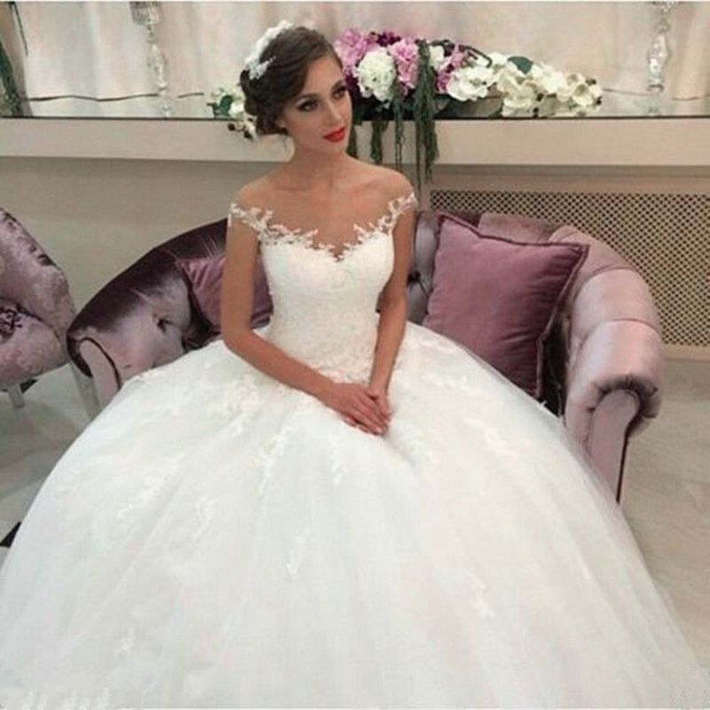 Elegant Tulle Lace Wedding Dresses Short Sleeves Bridal Gowns