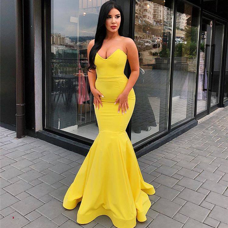 Sexy Bright Yellow Evening Gowns | V-Neck Mermaid Prom Dresses Bc0697