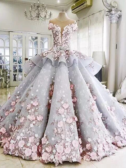Vintage Floral Ball Gown Wedding Dresses | Scoop Short Sleeves Flowers Bows Long Bridal Dresses