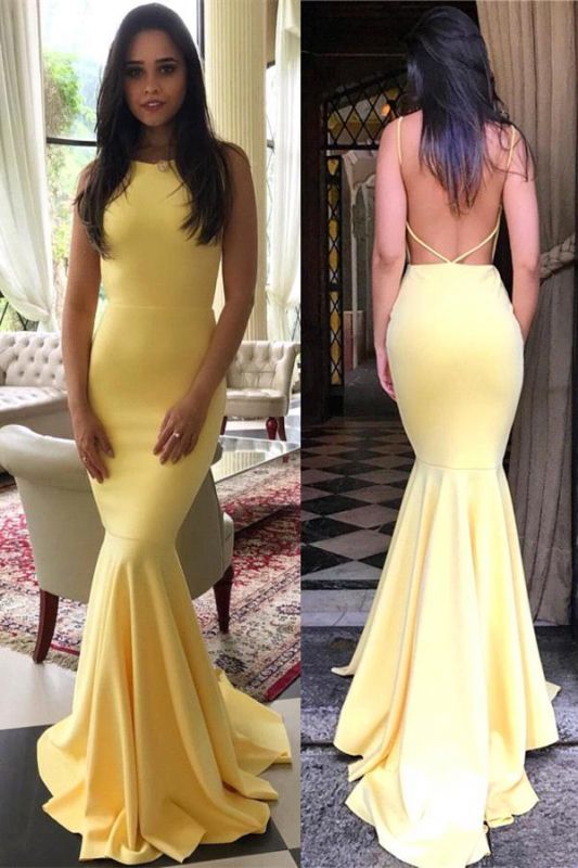 Simple Yellow Mermaid Evening Gowns | Backless Long Prom Dresses