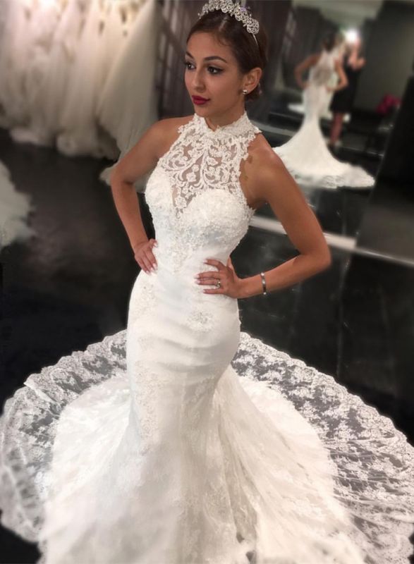 Elegant Lace Mermaid Wedding Dress | High Neck Sleeveless Bridal Gowns
