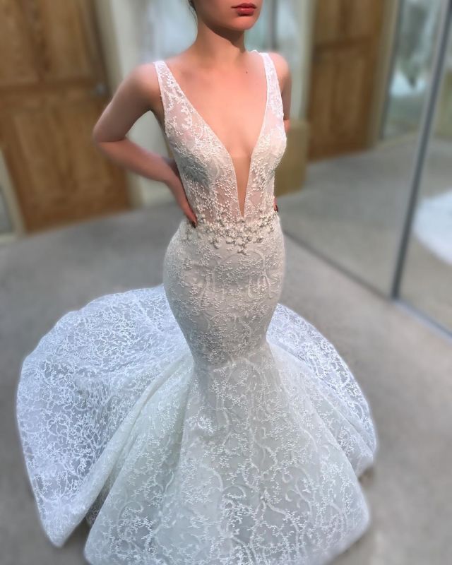 Luxury Lace Mermaid Wedding Dresses | V-Neck Sleeveless Beaded See-Through Bridal Gowns