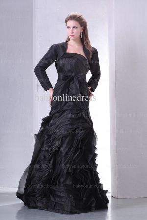 Prom Dresses New Design Strapless Bowknot Ruffle Black Organza Dress With Jacket BO0602