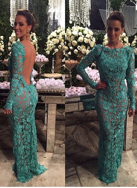 Sexy Sheer Lace Mermaid Prom Dresses 2021 Open Back Long-Sleeves Evening Gown