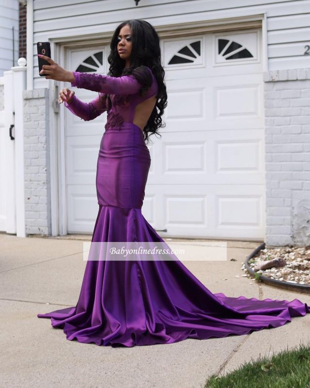 Lace Purple Long-Sleeve Mermaid Wedding Dress