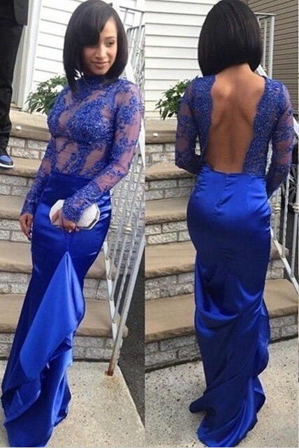 Sexy Long Lace Royal Blue Prom Dresses 2021 Backless with Sleeves