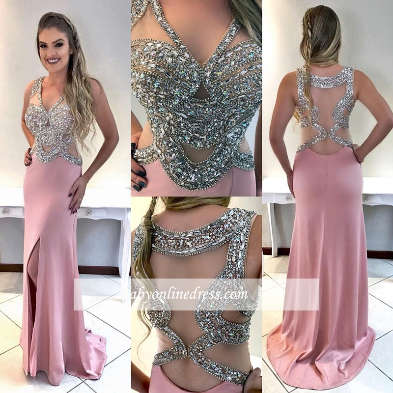 Split Sleeveless Glamorous Crystal Prom Dress