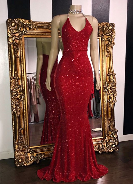 Shiny Red Sequin Mermaid Prom Dresses | Halter Neck Open Back Formal Dresses