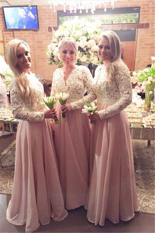 New Arrival Long Sleeves Lace Bridesmaid Dresses V-Neck Beaded Prom Dresses
