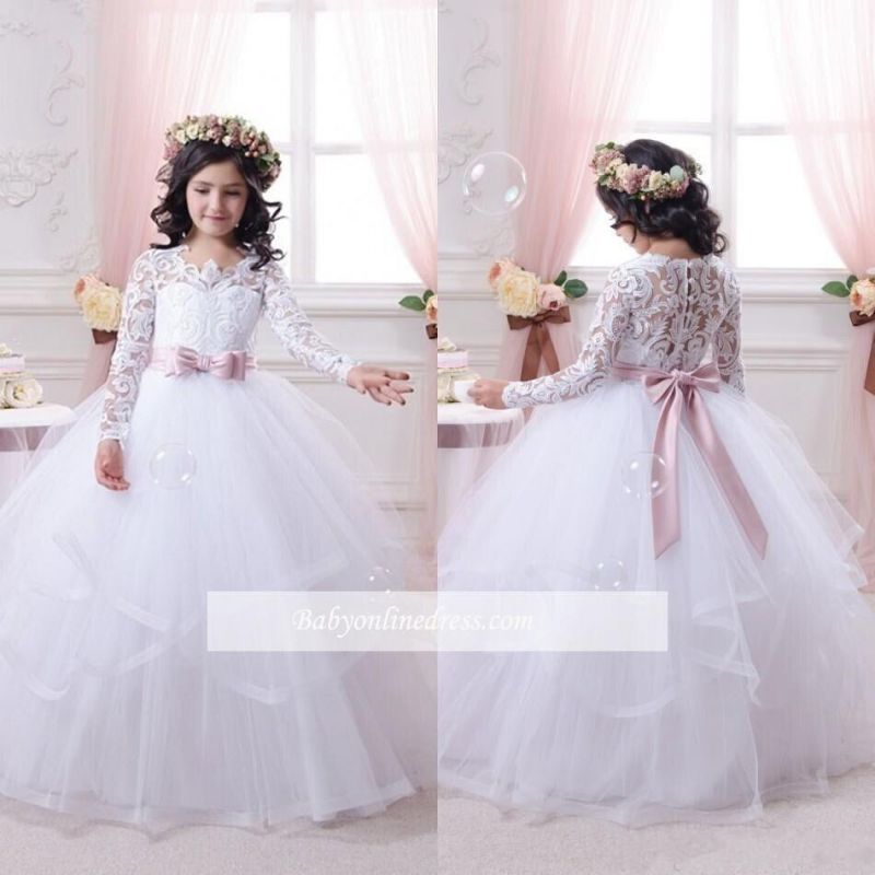New Arrival Ball Gown Lace-Appliques Long-Sleeves Flower-Girl-Dresses