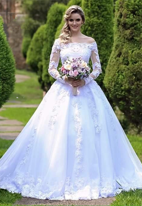 Long-Sleeve Princess Button Lace Zipper Wedding Dresses