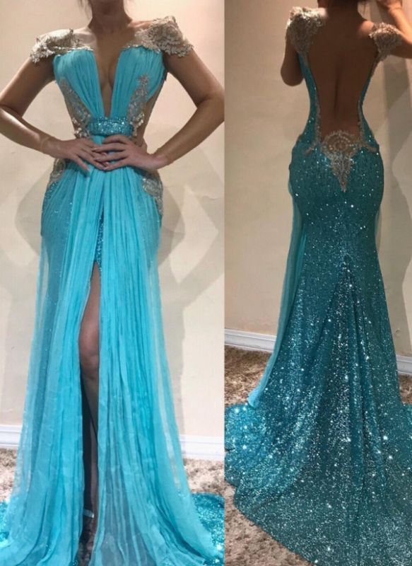 Sexy Blue Slit Evening Dresses | Capped Sleeves Sequins Mermaid Pageant Dresses