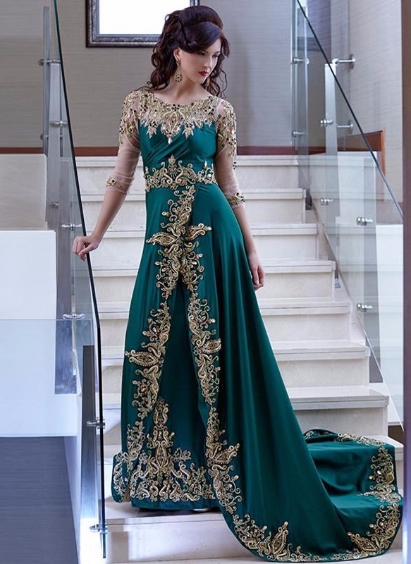 Green and Gold Evening Gowns Muslim Half Long Sleeves Appliques Beaded Arabic Party Dresses