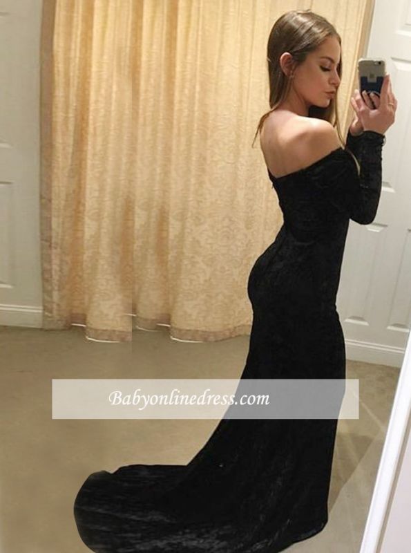 Simple Long-Sleeves  Off-The-Shoulder Prom Dresses | Mermaid Black Floor Length Evening Gowns