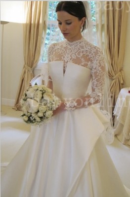 High Neck Full Lace Open Back A-line Court Train Long Sleeve Vintage Wedding Dresses