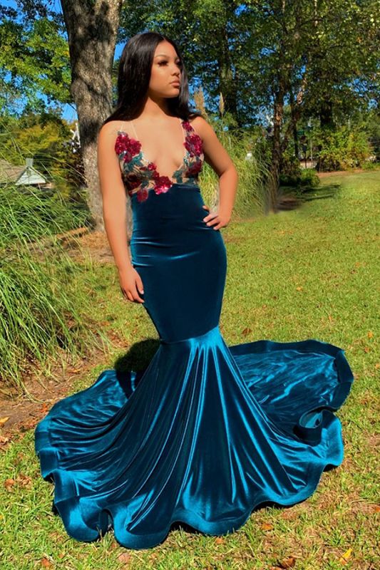 Dark Blue Velvet Deep V Neck Mermaid Straps Applique Backless Prom Dresses