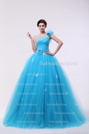 Very Cheap Quinceanera Gowns Light Blue On Sale One Shoulder Appliques Flowers Floor-length Tulle Dresses BO0860
