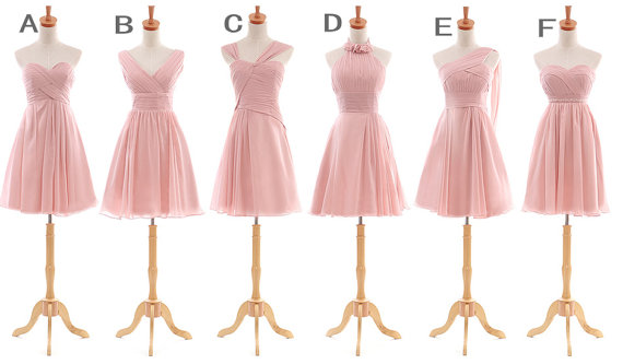 Pink Six Different Bridesmaid Dresses Ruffles Strapless Knee Length Babyonlinedress Simple Party Gowns