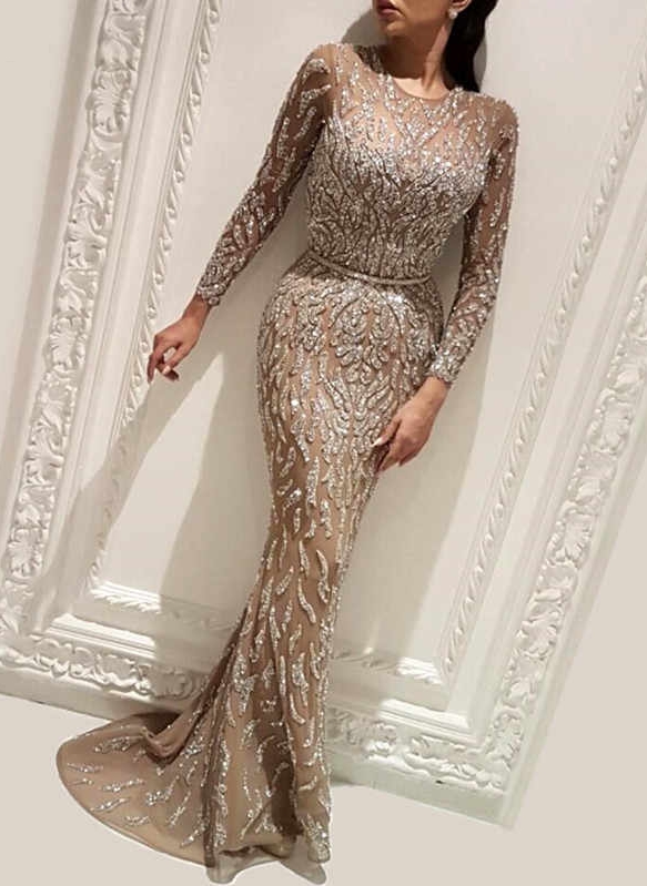 Shiny Long Sleeves Long Mermaid Evening Gowns