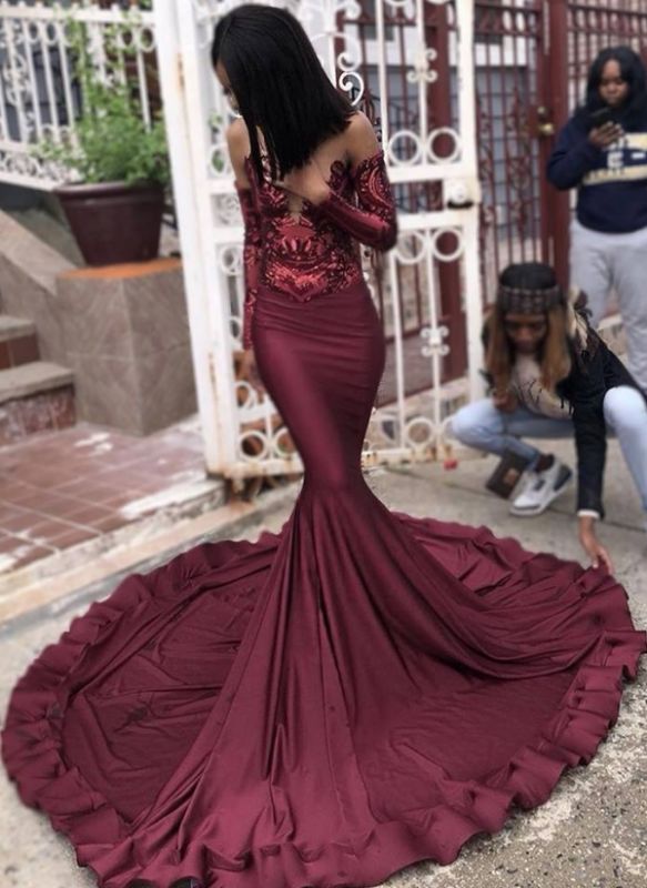 Elegant Maroon Mermaid Prom Dresses | Off-the-Shoulder Long Sleeves Formal Dresses