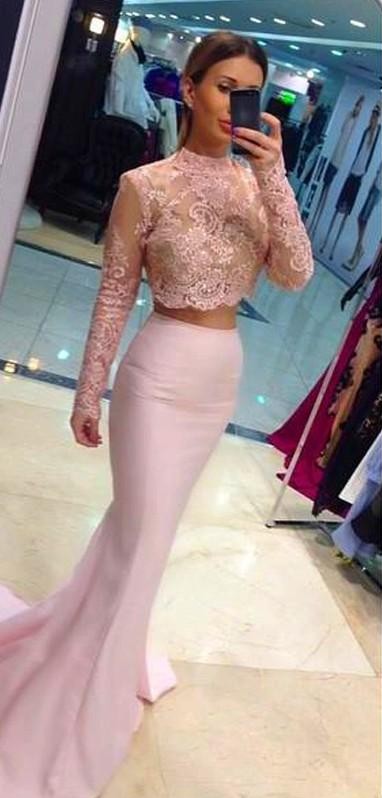 2021 Two-Piece Mermaid Prom Dresses High Neck Long Sleeves Lace Pink Evening Gowns for Teens