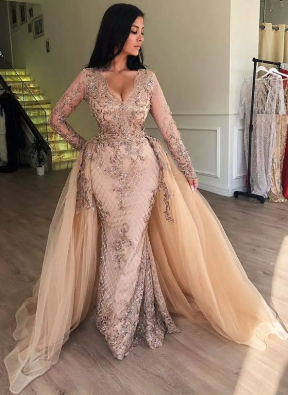 Chic Mermaid Evening Gowns | Long Sleeves Appliques Prom dresses