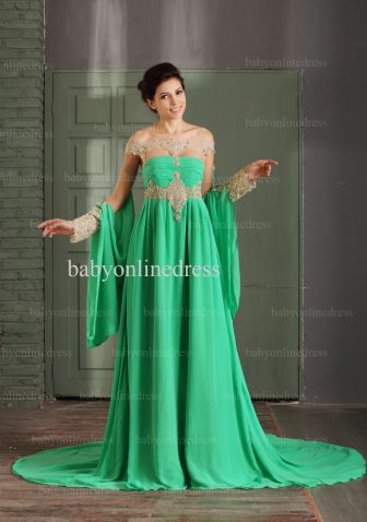 Affordable Prom Dresses Gown 2021 Off-the-shoulder Long Sleeve Beaded Chiffon Green Dress For Women BO0489