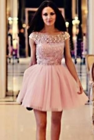 Capped Sleeves Pink Crystals Homecoming Dresses Short Puffy Junior Cocktail Dresses