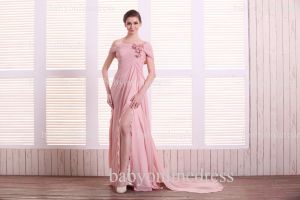 Simple Design Evening Gowns Pink On Sale 2021 Wholesale Off the Shoulder Flower Long Chiffon Dresses For Sale BO0735