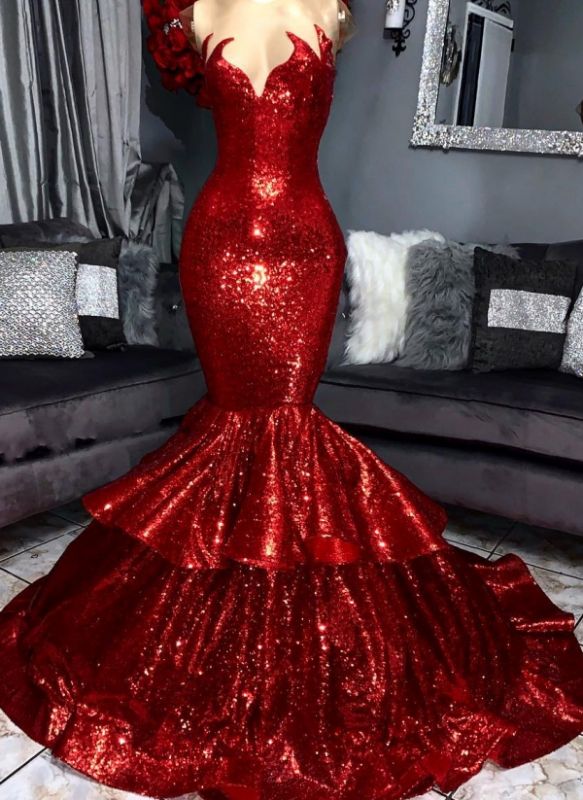 Shiny Red Sequin Prom Dresses | Tiers Skirt Mermaid Evening Gowns