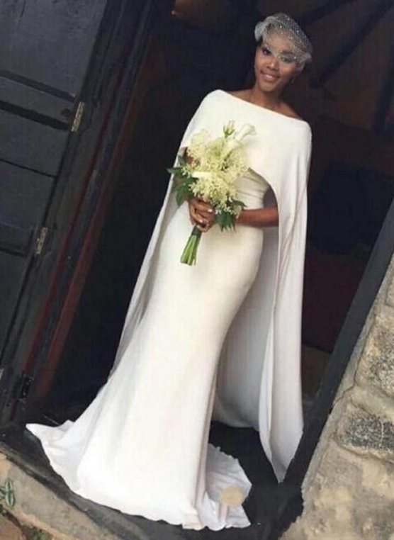 Simple White Mermaid Wedding Dresses | Bateau Neckline Long Cape Bridal Gowns