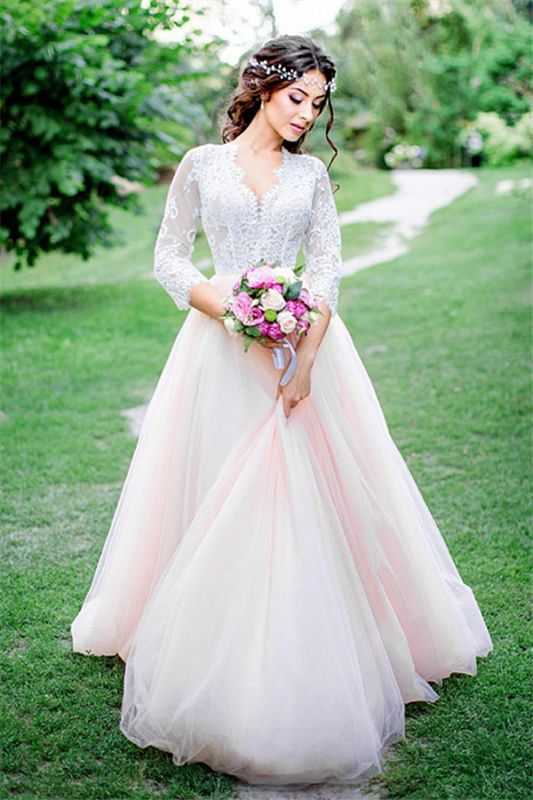 3/4-Length-Sleeve Pink Long Tulle Lace Royal Wedding Dresses