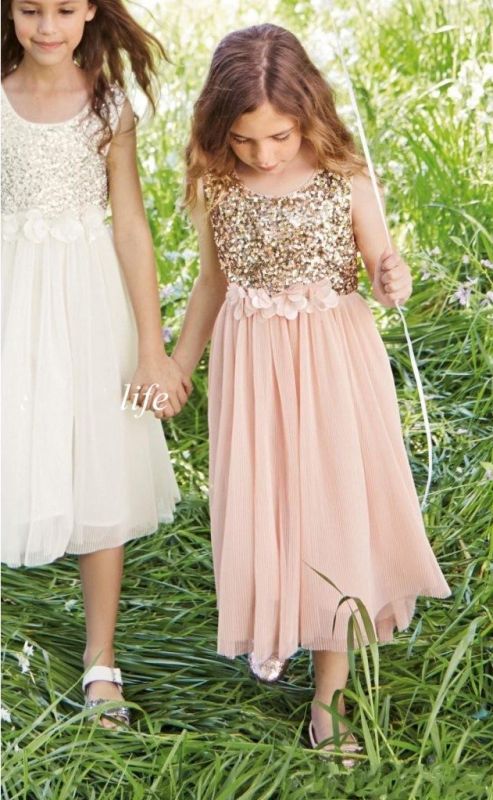 2021 Pink Flower Girl's Dresses Sequins with Handmade Flowers Girl's Formal Dress