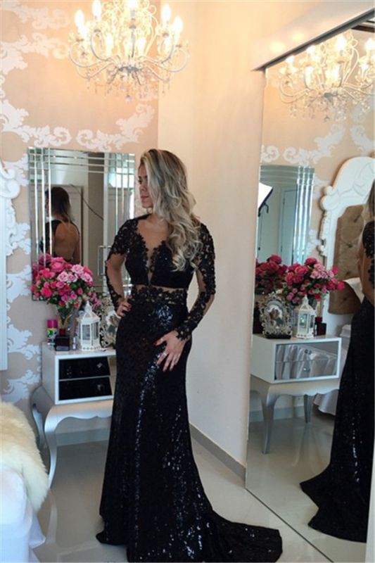 Black Long Sleeves Sequined Prom Dresses 2021 Lace Appliques Evening Gowns