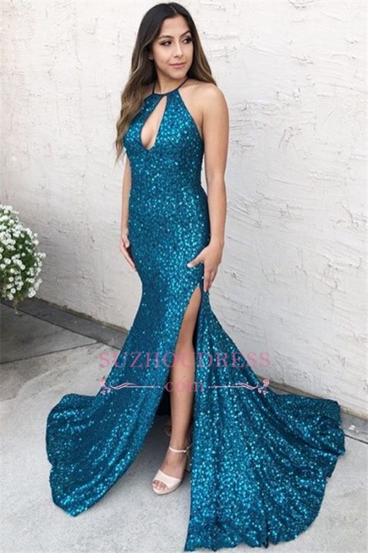 Glamorous Halter Side-Slit Mermaid Prom Dress | Criss-Cross Blue Sequins Evening Dresses  BC1617