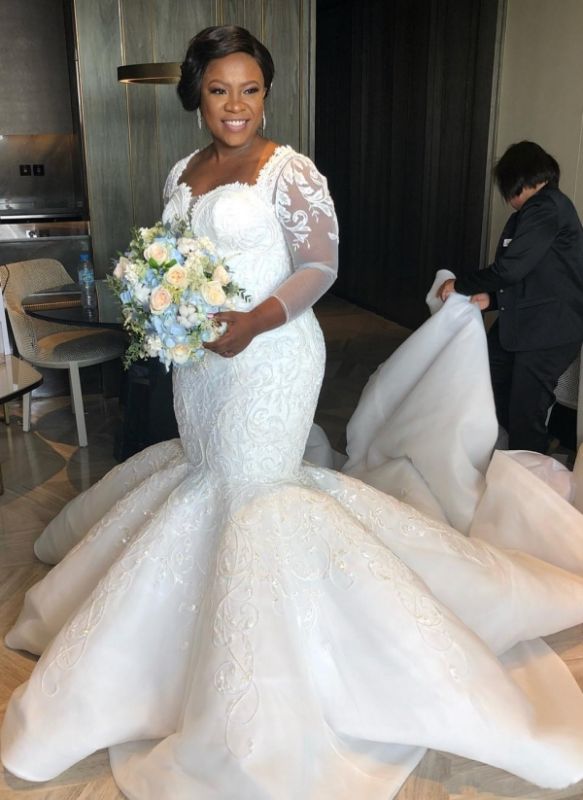 Luxury Lace Mermaid Wedding Dresses | Plus Size Long Sleeves Appliques Bridal Gowms