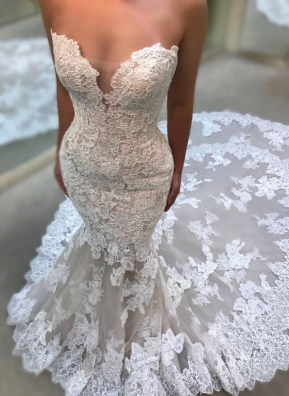 Elegant Sweetheart Wedding Dresses | Lace Appliques Sleeveless Bridal Gowns