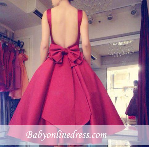 Red Square-Neck Tea-Length Short Puffy Backless Bowknot 2021 Prom Dresses