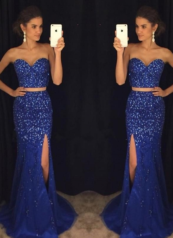 Luxury Royal Blue Evening Gowns | Two-Piece Crystals Pageant Dress