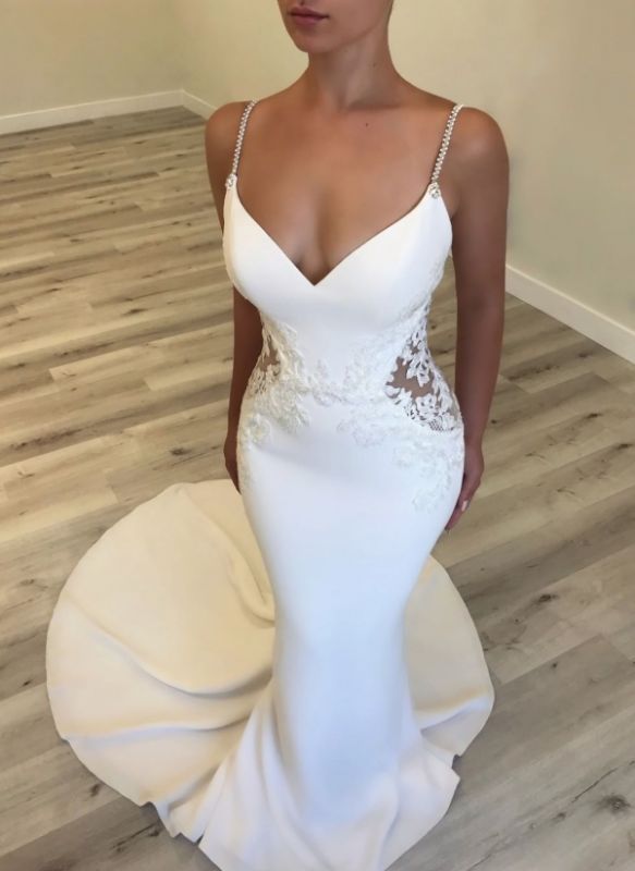 Sexy Spaghetti Straps Mermaid Wedding Dresses | V-Neck Sheer Lace Bridal Gowns